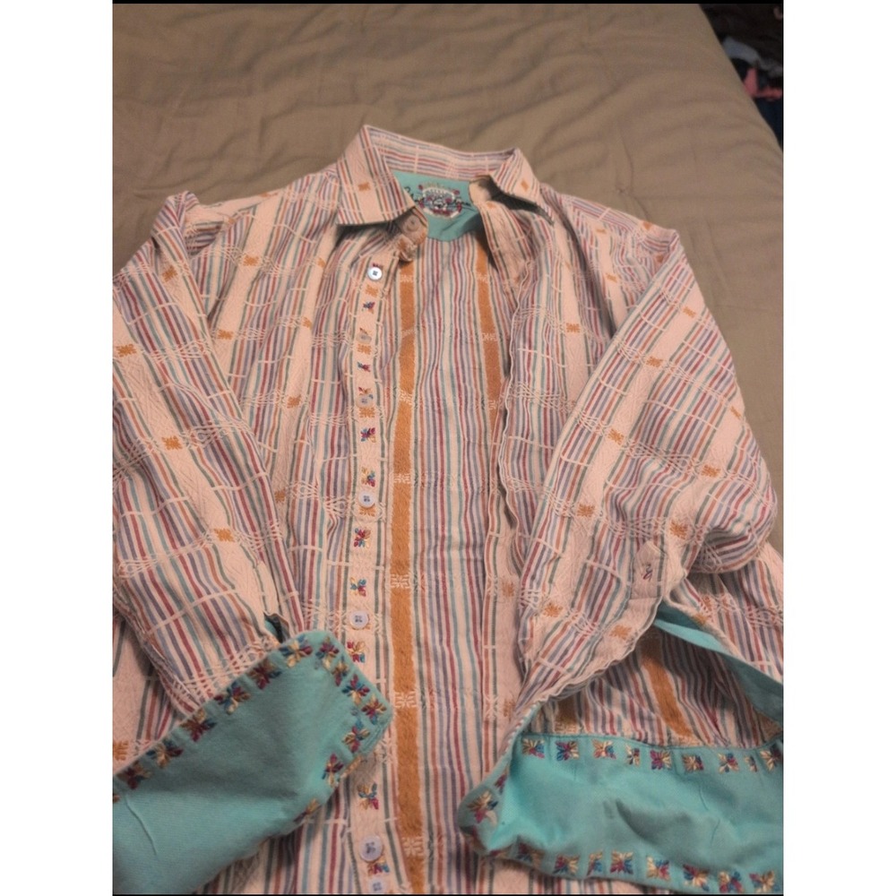 Robert Graham Knowledge Wisdom Truth Striped Embroidered Button Down Shirt L